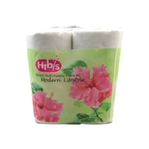 White kitchen towel roll with green floral packaging showing Hibis brand absorbent paper towels for cleaning tasks.